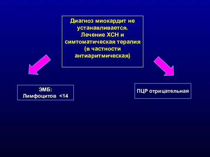 Диагноз миокардит не устанавливается. Лечение ХСН и симтоматическая терапия (в частности антиаритмическая)