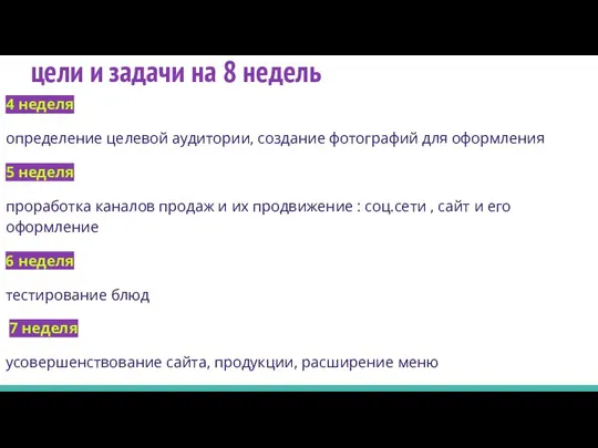 цели и задачи на 8 недель 4 неделя определение целевой аудитории, создание