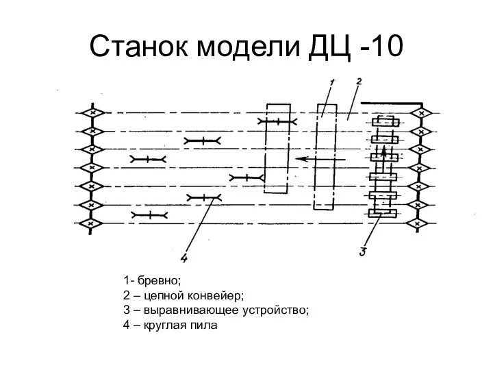 Станок модели ДЦ -10 1- бревно; 2 – цепной конвейер; 3 –