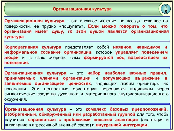 Корпоративная культура представляет собой неявное, невидимое и неформальное сознание организации, которое управляет