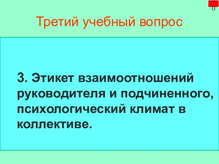 Третий учебный вопрос 3. Этикет взаимоотношений руководителя и подчиненного, психологический климат в коллективе. 30