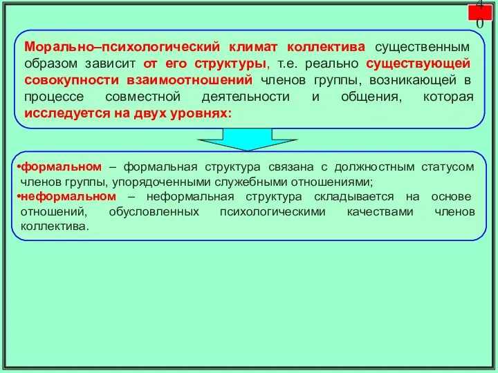 формальном – формальная структура связана с должностным статусом членов группы, упорядоченными служебными