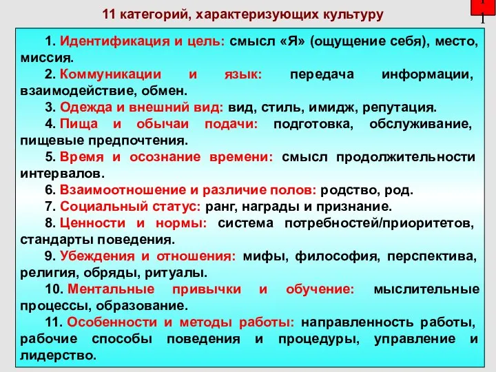 11 1. Идентификация и цель: смысл «Я» (ощущение себя), место, миссия. 2.