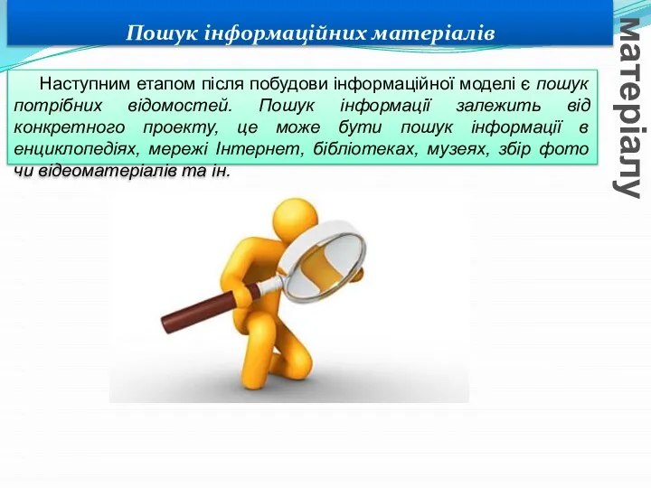 Пошук інформаційних матеріалів Вивчення нового матеріалу Наступним етапом після побудови інформаційної моделі