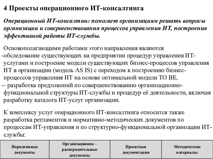 4 Проекты операционного ИТ-консалтинга Операционный ИТ-консалтинг помогает организациям решать вопросы организации и