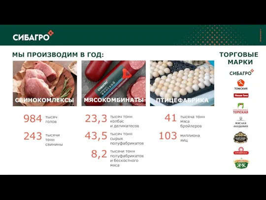 ТОРГОВЫЕ МАРКИ МЫ ПРОИЗВОДИМ В ГОД: СВИНОКОМЛЕКСЫ МЯСОКОМБИНАТЫ ПТИЦЕФАБРИКА