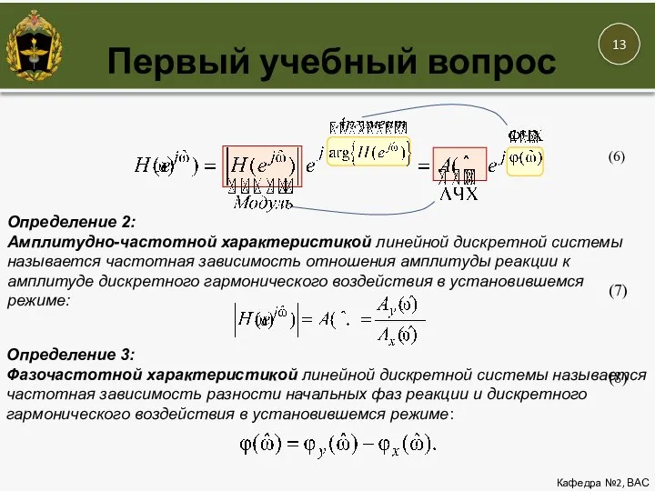 Первый учебный вопрос Кафедра №2, ВАС (6) Определение 2: Амплитудно-частотной характеристикой линейной