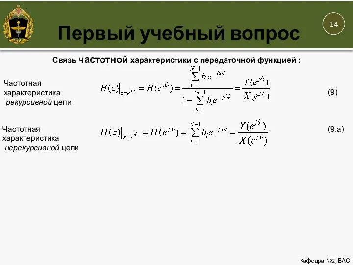 Первый учебный вопрос Кафедра №2, ВАС Связь частотной характеристики с передаточной функцией