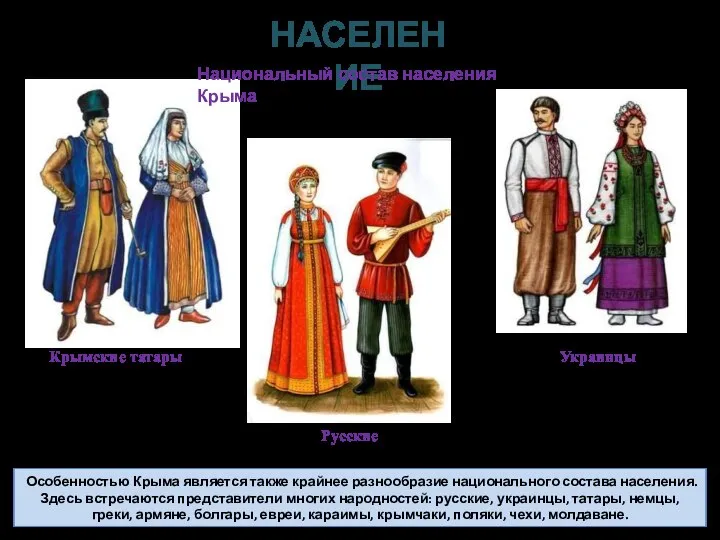 НАСЕЛЕНИЕ Особенностью Крыма является также крайнее разнообразие национального состава населения. Здесь встречаются