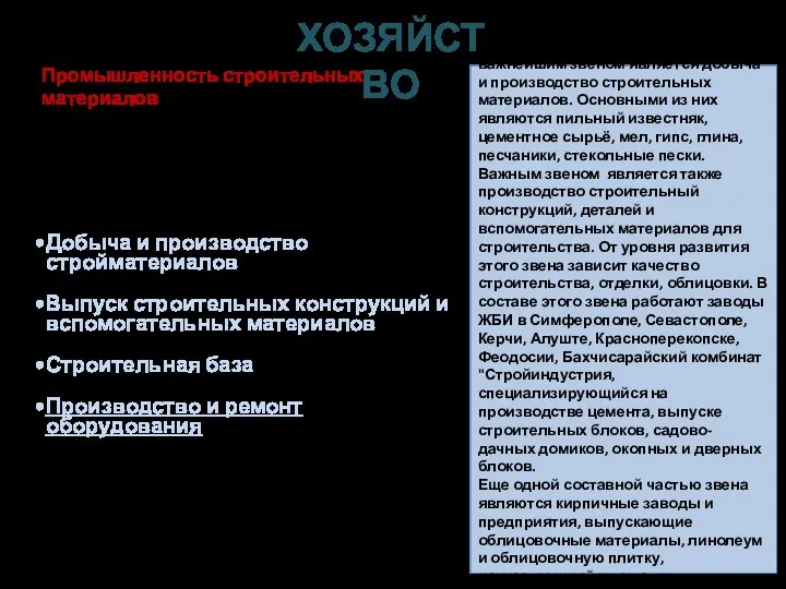 Добыча и производство стройматериалов Выпуск строительных конструкций и вспомогательных материалов Строительная база