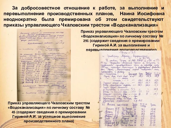 За добросовестное отношение к работе, за выполнение и перевыполнение производственных планов, Наина