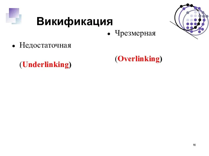 Викификация Недостаточная (Underlinking) Чрезмерная (Overlinking)