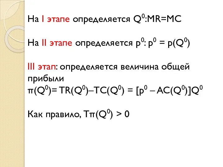 На I этапе определяется Q0:MR=MC На II этапе определяется p0: p0 =