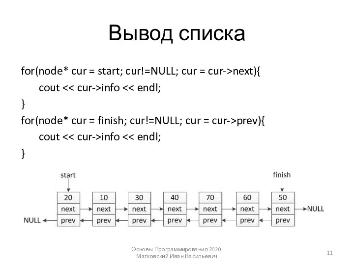 Вывод списка for(node* cur = start; cur!=NULL; cur = cur->next){ cout info