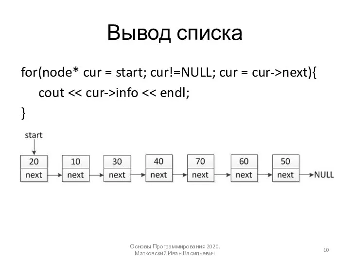 Вывод списка for(node* cur = start; cur!=NULL; cur = cur->next){ cout info