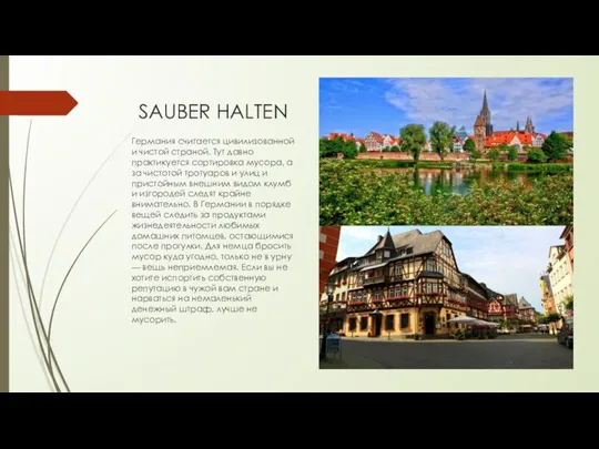 SAUBER HALTEN Германия считается цивилизованной и чистой страной. Тут давно практикуется сортировка