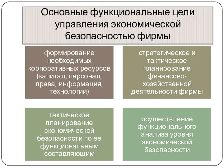 Основные функциональные цели управления экономической безопасностью фирмы