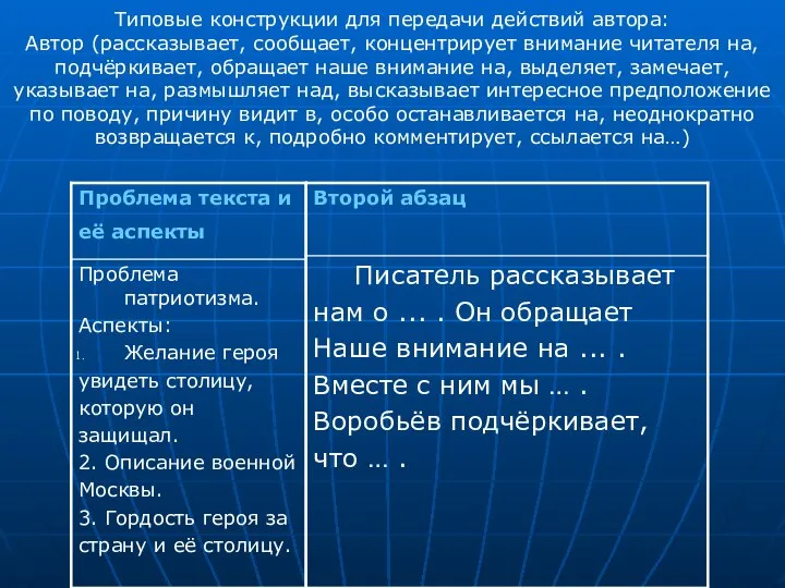 Типовые конструкции для передачи действий автора: Автор (рассказывает, сообщает, концентрирует внимание читателя