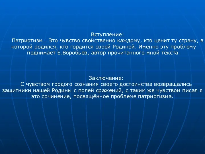 Вступление: Патриотизм… Это чувство свойственно каждому, кто ценит ту страну, в которой