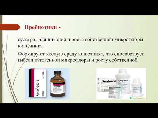 Пребиотики - субстрат для питания и роста собственной микрофлоры кишечника Формируют кислую