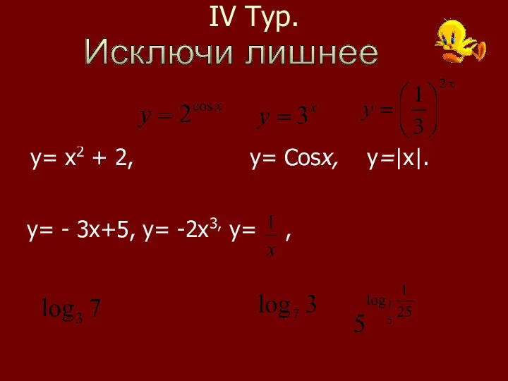 IV Тур. у= х2 + 2, у = 5х3 у= Соsх, у=|х|.