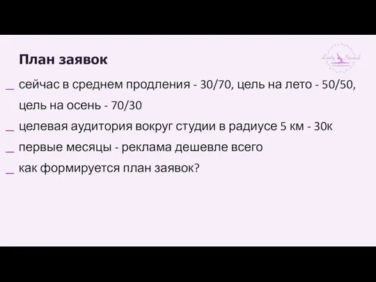 План заявок сейчас в среднем продления - 30/70, цель на лето -