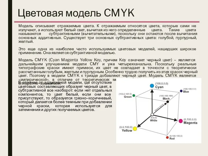 Цветовая модель CMYK Модель описывает отражаемые цвета. К отражаемым относятся цвета, которые