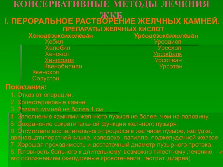 КОНСЕРВАТИВНЫЕ МЕТОДЫ ЛЕЧЕНИЯ ЖКБ I. ПЕРОРАЛЬНОЕ РАСТВОРЕНИЕ ЖЕЛЧНЫХ КАМНЕЙ. ПРЕПАРАТЫ ЖЕЛЧНЫХ КИСЛОТ