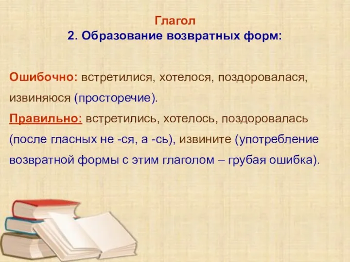 Глагол 2. Образование возвратных форм: Ошибочно: встретилися, хотелося, поздоровалася, извиняюся (просторечие). Правильно: