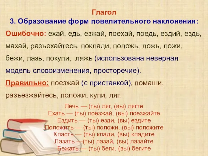 Глагол 3. Образование форм повелительного наклонения: Ошибочно: ехай, едь, езжай, поехай, поедь,