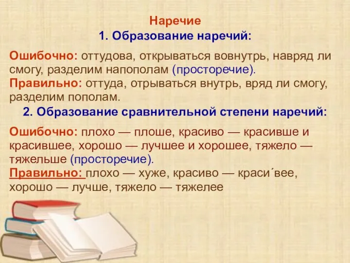 Наречие 1. Образование наречий: Ошибочно: оттудова, открываться вовнутрь, навряд ли смогу, разделим