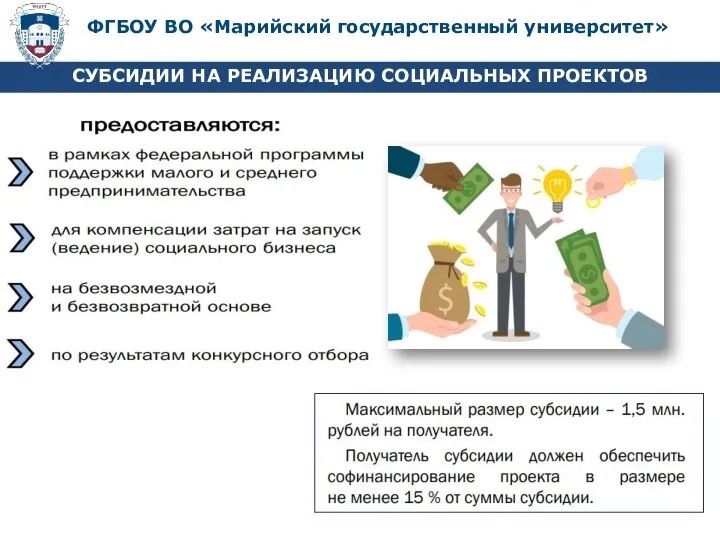 СУБСИДИИ НА РЕАЛИЗАЦИЮ СОЦИАЛЬНЫХ ПРОЕКТОВ ФГБОУ ВО «Марийский государственный университет»