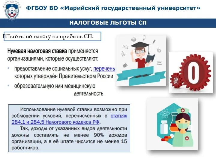 НАЛОГОВЫЕ ЛЬГОТЫ СП ФГБОУ ВО «Марийский государственный университет» Льготы по налогу на прибыль СП: