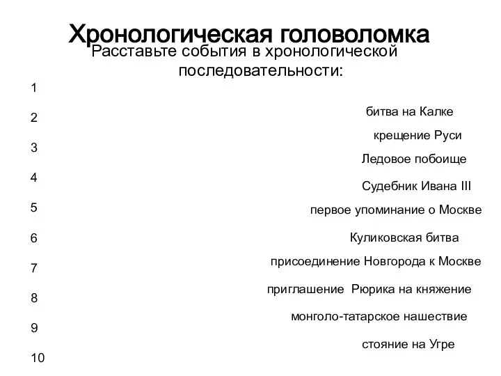 Хронологическая головоломка Расставьте события в хронологической последовательности: крещение Руси 1 2 3