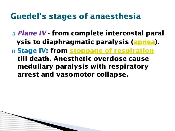 Plane IV - from complete intercostal paral ysis to diaphragmatic paralysis (apnea).