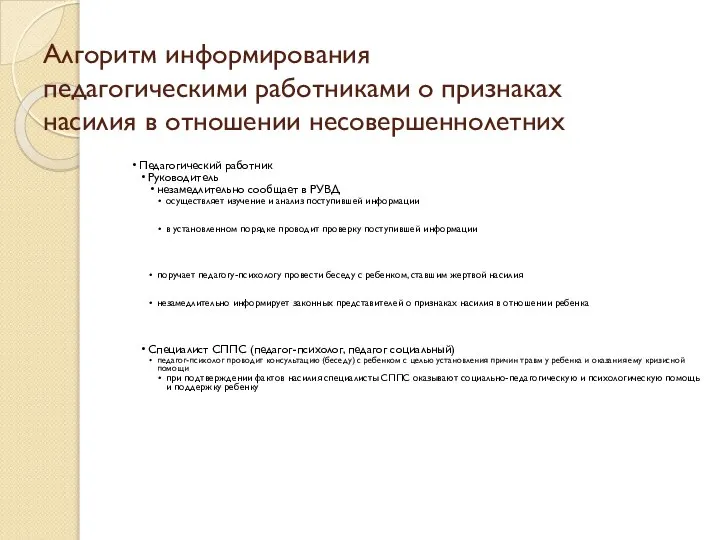 Алгоритм информирования педагогическими работниками о признаках насилия в отношении несовершеннолетних Педагогический работник