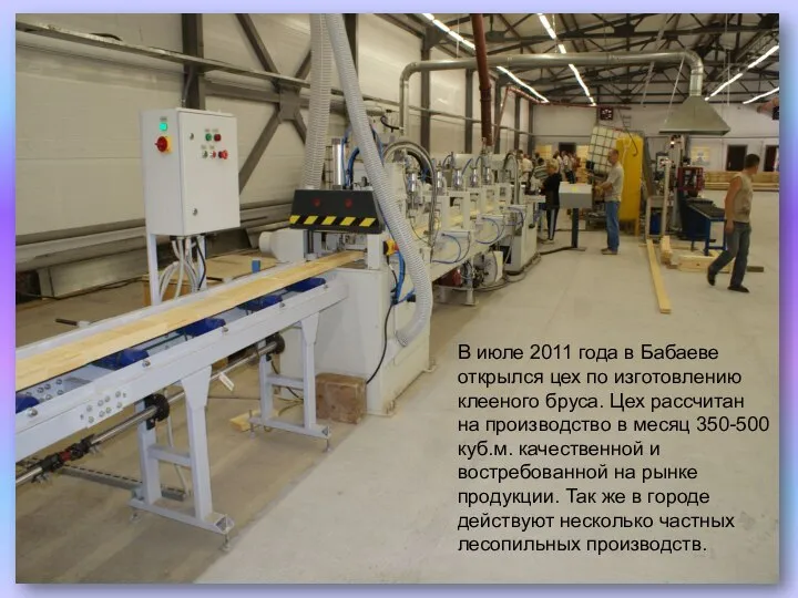 В июле 2011 года в Бабаеве открылся цех по изготовлению клееного бруса.