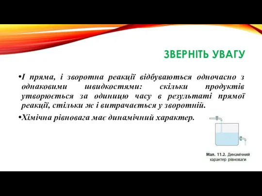 ЗВЕРНІТЬ УВАГУ І пряма, і зворотна реакції відбуваються одночасно з однаковими швидкостями: