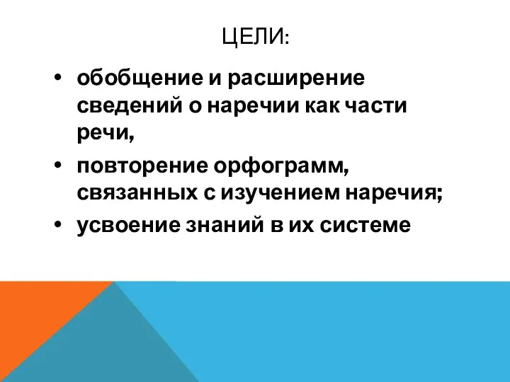 ЦЕЛИ: обобщение и расширение сведений о наречии как части речи, повторение орфограмм,