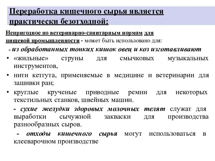 Переработка кишечного сырья является практически безотходной: Непригодное по ветеринарно-санитарным нормам для пищевой