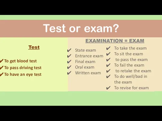 Test or exam? Test To get blood test To pass driving test