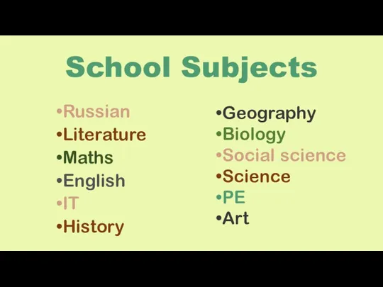 School Subjects Russian Literature Maths English IT History Geography Biology Social science Science PE Art