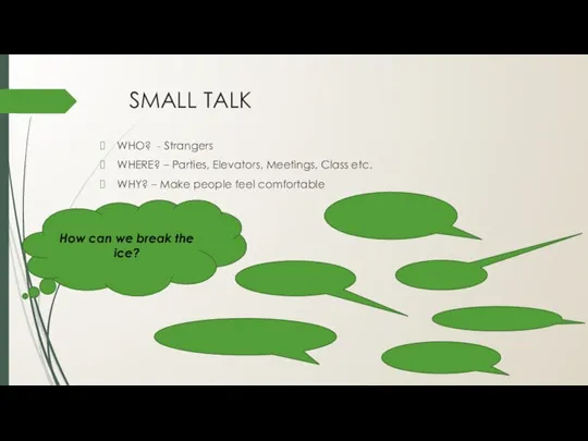 SMALL TALK WHO? - Strangers WHERE? – Parties, Elevators, Meetings, Class etc.