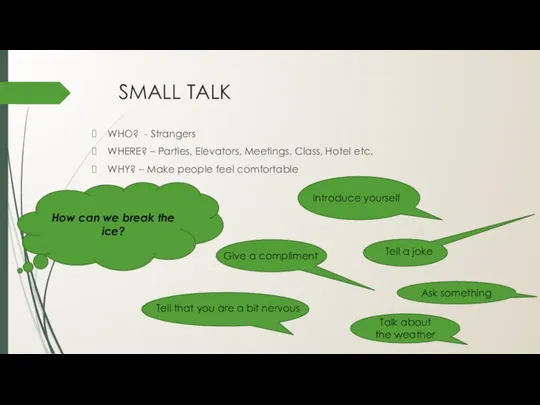 SMALL TALK WHO? - Strangers WHERE? – Parties, Elevators, Meetings, Class, Hotel