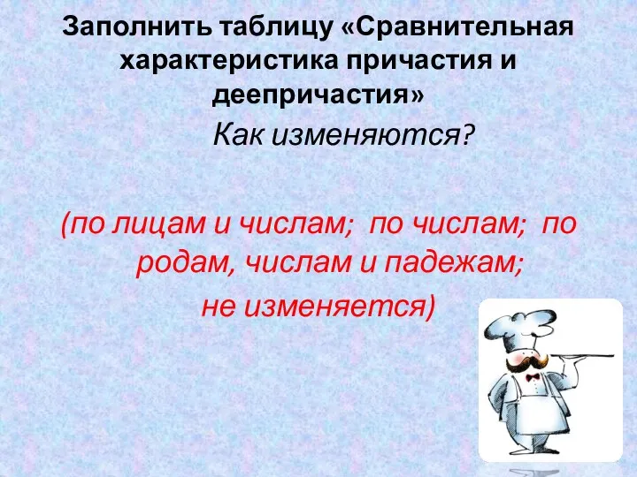 Заполнить таблицу «Сравнительная характеристика причастия и деепричастия» Как изменяются? (по лицам и