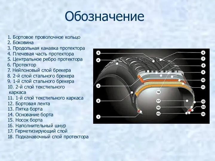 Обозначение 1. Бортовое проволочное кольцо 2. Боковина 3. Продольная канавка протектора 4.