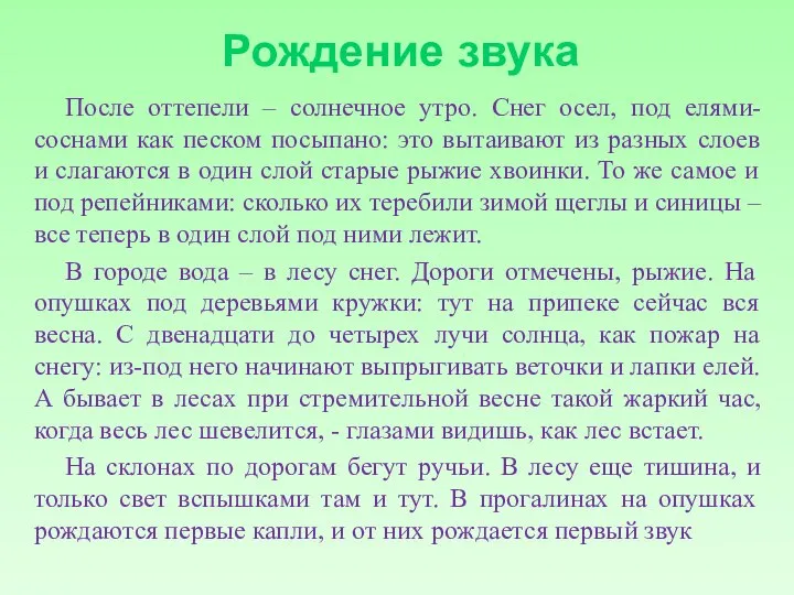 Рождение звука После оттепели – солнечное утро. Снег осел, под елями-соснами как