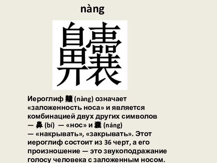 nàng Иероглиф 齉 (nàng) означает «заложенность носа» и является комбинацией двух других