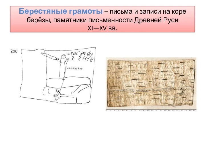 Берестяные грамоты – письма и записи на коре берёзы, памятники письменности Древней Руси XI—XV вв.