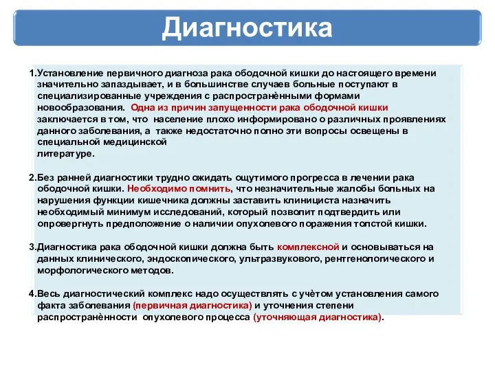 Диагностика Установление первичного диагноза рака ободочной кишки до настоящего времени значительно запаздывает,